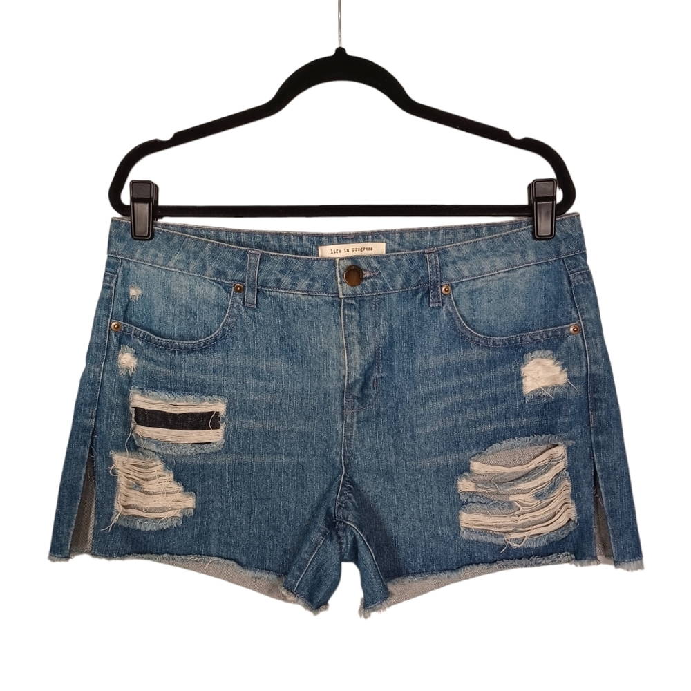 LIFE IN PROGRESS Distressed Medium Blue Split Side Denim Jean Shorts 30